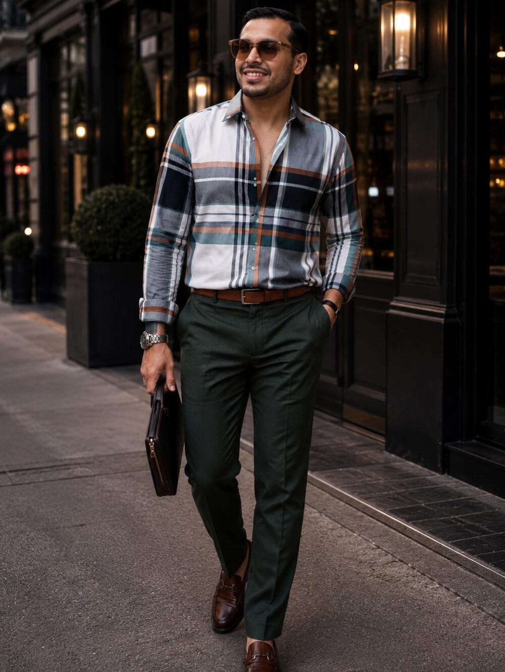 Murano Men's Plaid Button-Down Shirt in White, Gray, Teal, and Brown